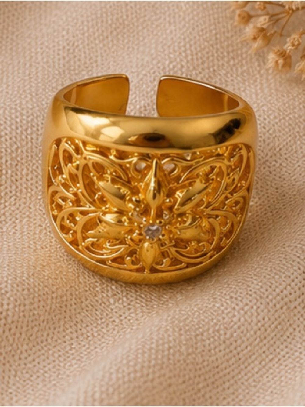 Designer Inspired Gold Filigree Statement Ring Boho Luxe Cocktail Ring